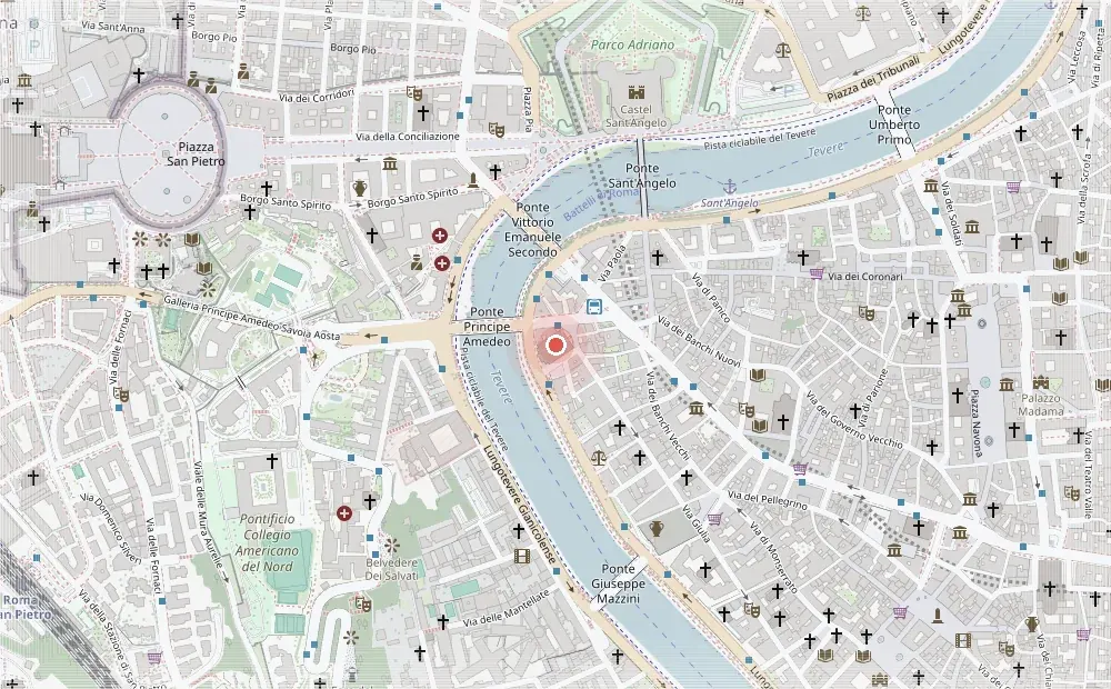 Mappa: la Basilica di San Giovanni Battista dei Fiorentini si trova sul Lungotevere, all'inizio di Via Giulia, accanto a Ponte Principe Amedeo e poco a sud di Castel Sant'Angelo.